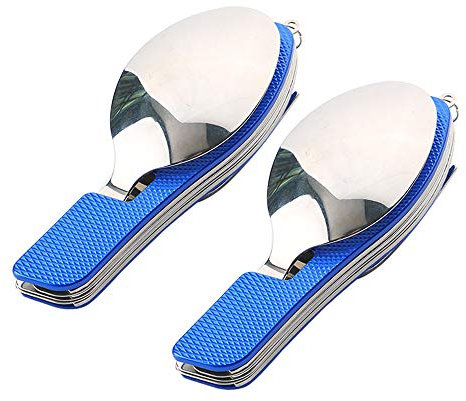 QitinDasen 2Pcs Premium 4 in 1 Folding Cutlery, Detachable 4 in 1 Folding Tableware, Stainless Steel Folding Camping Flatware Knife Fork Spoon and Bottle Opener (Blue)
