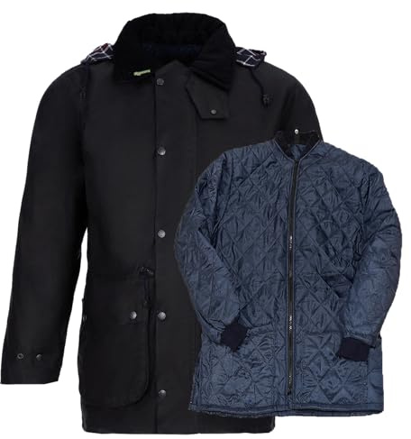 Romneys Warme Winter Wachsjacke Rider 3-in-1 | Inklusive Steppjacke | Wind- und Wasserdicht | Mit Kapuze und Rückenschlitzen (L)