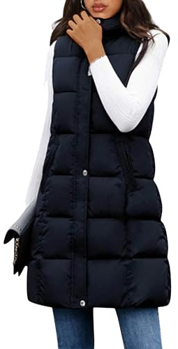 Tanming Women's Long Puffer Vest Casual Sleeveless Puffy Jacket with Removable Hood(Black-L)