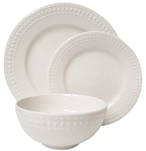 Vajilla redonda de porcelana blanca con diseño de hueso en relieve, resistente a los arañazos, de la marca Tabletops Gallery