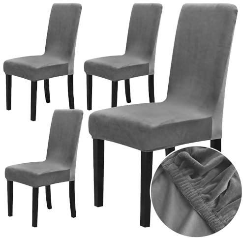 Chickwin Stuhlhussen 4er Set Samt Stuhlhussen für Schwingstühle, Esszimmerstühle Hussen Für Hochzeit, Hotel, Küche, Bankett, Partys Stretch Stuhlhussen (4er,Grau)
