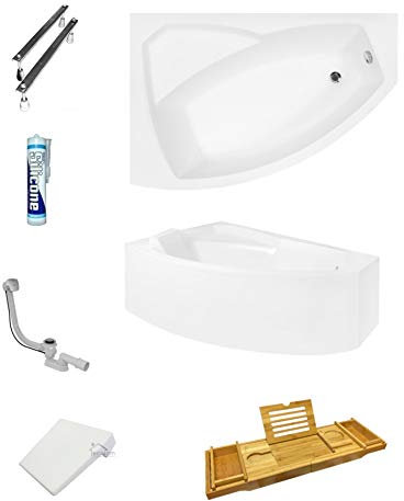 ECOLAM® Badewanne Eckbadewanne Acryl Rima weiß 170x110 cm LINKS + Kopfstütze + Bambus Ablage + Schürze Ablaufgarnitur Ab- und Überlauf Automatik Füße Silikon Komplett-Set
