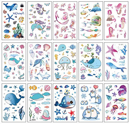 Sunshine smile 15Blätter Tattoo,Glitzer Temporäre Tattoos,Tattoo Kinder,Cartoon Schmetterling Tiereinhorn Tattoos Set,Kinder Tattoo Mädchen&Jungen Festival Party Geschenk Mitgebsel Dekoration (Ozean)