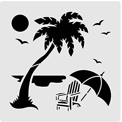 BENECREAT 30x30cm Strand Camping Malschablonen Kokosnussbaum Regenschirm Vorlage Schablonen für Kunstmalerei auf Holz, Scrabooking Kartenherstellung und Wandbodendekoration