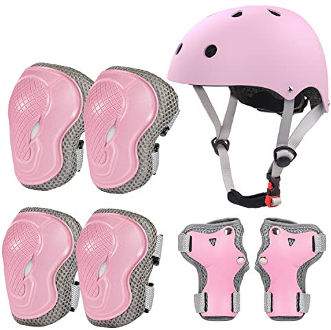 LANOVAGEAR Casco Set de Protección para niños Protección Infantil Consta de Casco Ajustable Coderas Rodilleras Muñequeras para Patinaje Skateboard Bicicleta Ciclismo monopatín Skate (Rosa, S)