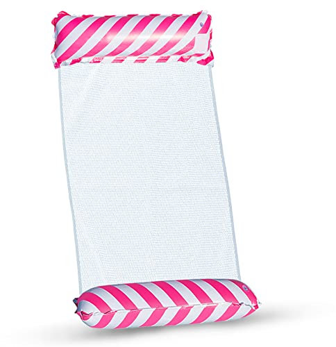 TUXUNQING Wasserhängematte mit Netz – Dicke PVC Version, 100kg Tragkraft, 4-in-1 Hängematte Pool für Meer & Pool, inkl. Handpumpe (122x70 cm, Rosa)