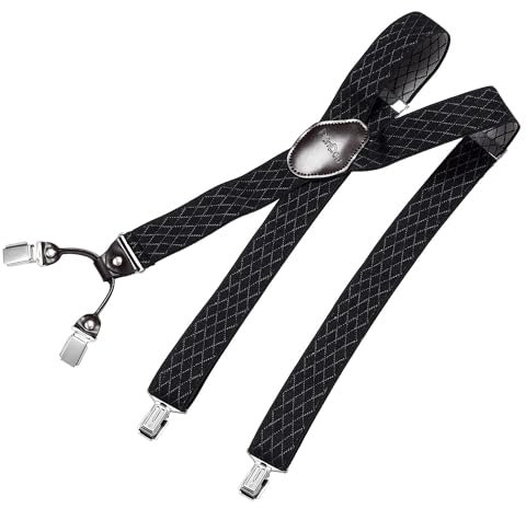 DonDon Hosenträger Herren extra stark Raute schwarz 3,5 cm Hosenträger Herren breit mit brauem Leder in Y-Form lang - Starke Clips passend für Anzug Jeans Chinos Vintage Rockabilly Suspenders