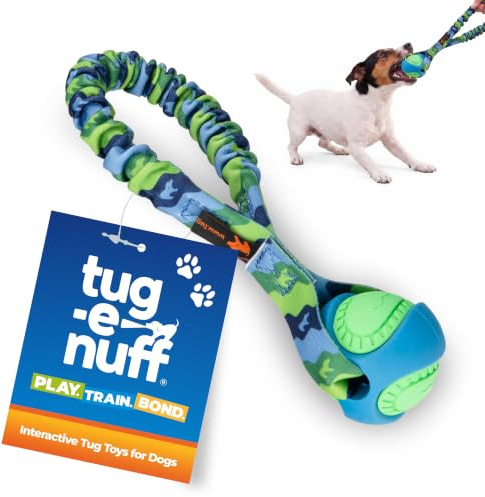 Tug-E-Nuff Pocket PowerBall Bungee Dog Tug Toy (Green Pattern), 23cm | Compact Fetch & Tug of War Tough Rope Toys with Rubber Dog Ball, Strong Interactive for Training Small, Medium, Large Dogs