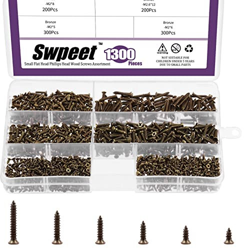 Swpeet 1300Pcs 5mm-16mm Small Wood Screws Assortment Kit, Self Drilling Flat Cross Head Screws, Bronze