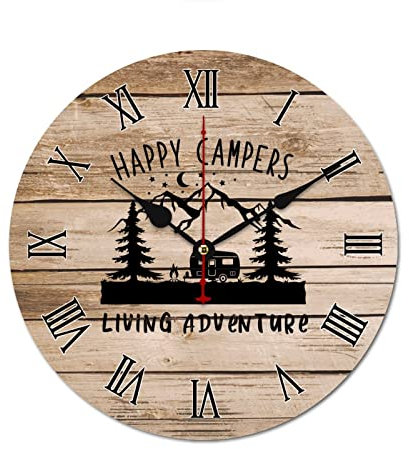 Happy Campers, Living Adventure Orologi Rustico Stile Country Casa Decorativo Orologio da Parete Glamping Accessori per Campeggio Funning Camper 25,4 x 25,4 cm