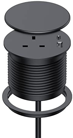 Desk Grommet Socket with USB, Haylink Desk Socket with Cover Fits 80mm Hole, Recessed Desk Power Socket Equipped with 1 UK Plug, 1 USB A Port, 1 USB C Port, and 1.5M Cable, Black