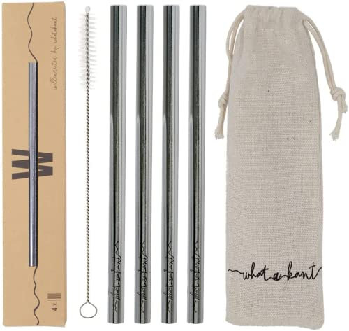 Whatakant Wellenreiter Edelstahlstrohhalme | 4er Set in Silber | nachhaltige Strohhalme mit Baumwollsäckchen und Reinigungsbürste | wiederwendbar und to go Trinkhalme | 15,5 cm Länge