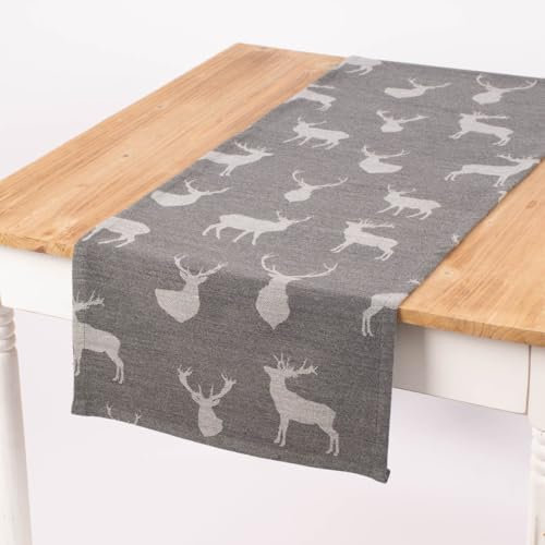 SCHÖNER LEBEN. Tischläufer Jacquard Cosy Hirschen dunkelgrau grau