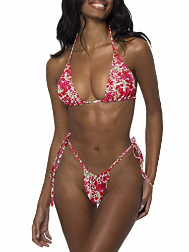 LUNNTE Damen Halfter String Bikini Set Sexy Tanga Frech Zweiteilige Badeanzüge Badebekleidung (Rote Blume, L)
