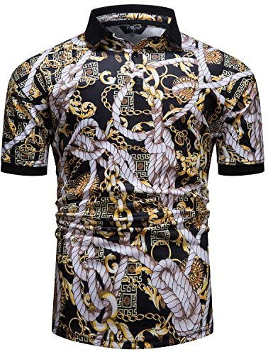 fohemr Mens Luxury Polo Shirts Baroque Style Gold Chain White Rope Print Short Sleeve Shirt Summer Golf Tennis T-Shirt Casual Tops Black X-Large