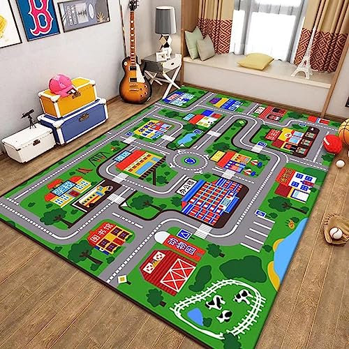 Kinderteppich, Spielmatte für Spielzeugautos und Eisenbahn, Spielbereich-Teppich, rutschfest, waschbar, lustiger Straßenverkehrs-Überwurfteppich für Kinderzimmer, Spielzimmer (Color : C, Size : 160*