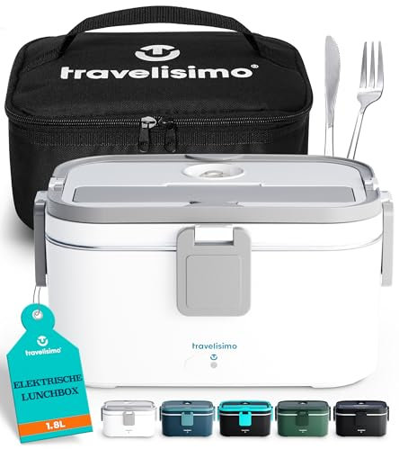 TRAVELISIMO Scaldavivande Elettrico Portatile Extra Grande 1,8L 80W Porta Pranzo Riscaldabile, 220V/12V/24V Scalda Vivande Portatile Elettrico per Auto Camion e Ufficio, Schiscetta Pranzo Riscaldabile