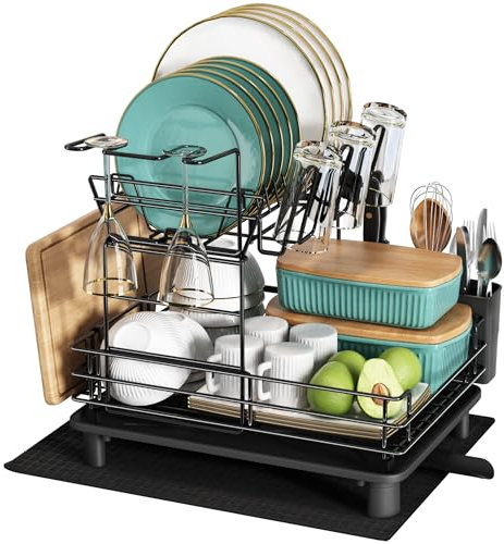 MAJALiS Escurreplatos, Escurreplatos de Cocina de 2 Niveles con Bandeja recogegotas y caño Giratorio, Escurreplatos de Acero Inoxidable para Fregadero de Cocina