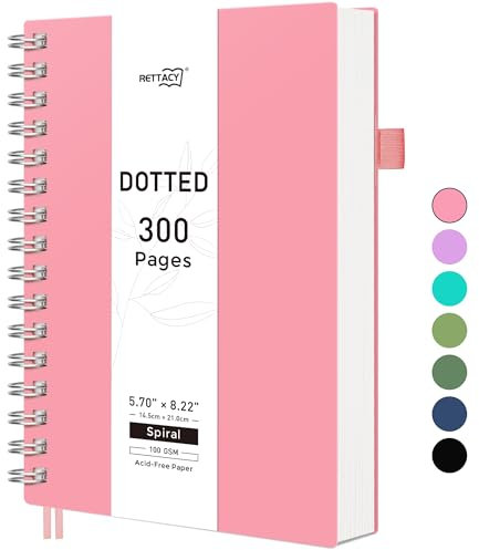 RETTACY Notizbuch A5 Gepunktetes, Bullet Dot Journal, Spiral-Notizbücher 300 Blatt/150 Seiten zum Schreiben, 100gsm, PVC Hardcover, für Frauen Männer Arbeit Büro Schule, 14.5 x 21cm - Rosa