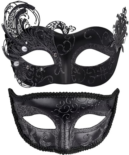 SIQUK 2 Stück Venezianische Maske Maskerade Mask Venezianischen Maske Kostüm Masken für Damen Herren Paar Halloween Karneval Party, Schwarz
