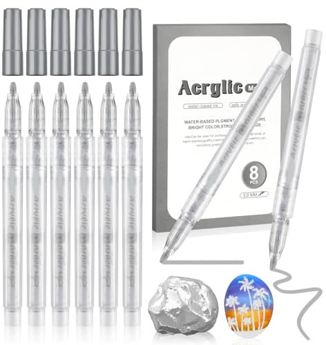 Dacono 8 Marqueurs à Peinture Acrylique à Valve Argentée, Marqueurs à Peinture Permanente à Base d'eau avec Pointe de 2,0 mm, Idéaux Pour La Peinture de Rochers, de Pierres de Verre, de Bois
