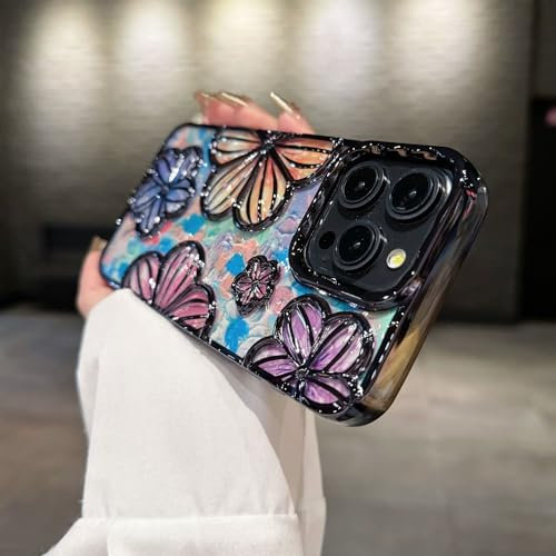 RALEAVO for iPhone 12/iPhone 12 Pro Case, Girls&Women Cute 3D Flower Luxury Plating Glitter Aesthetic Case Cover, Soft Silicone Shockproof Protective Phone Case for iPhone 12/12 Pro-Black (Clear)
