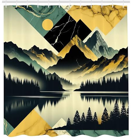 ABAKUHAUS Lac Rideau de Douche, Silhouettes De Bois Sombres Et Montagnes avec Ornements Contemporains, Material Resistente al Agua Durable Estampa Digital, 175 cm x 200 cm, Vert Foncé Teal Kaki