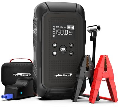Démarreur d'urgence Voiture 12V, 5000A Jump Starter (Essence ou Diesel jusqu'à 10.0L) avec Compresseur 150 PSI, Power Bank, Lampe LED – pour Batterie à Plat