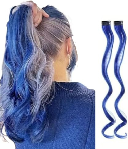 2 x Clip-In Hair Extension Highlights Streaks, Colourful Hair Highlights (Curly Dark Blue x 2)