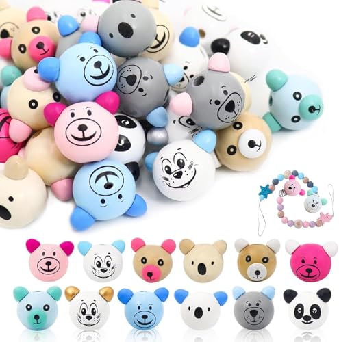 48 Stück Holzkugeln Mit Tiergesichtern, 25mm Holzperlen Mit Gesicht, Holzköpfe für Glückswürmchen Perlen für Schlüsselanhänger, Tierköpfe Gesicht Holzperlen Natur für Sorgenwurm DIY-Makramee Zubehör