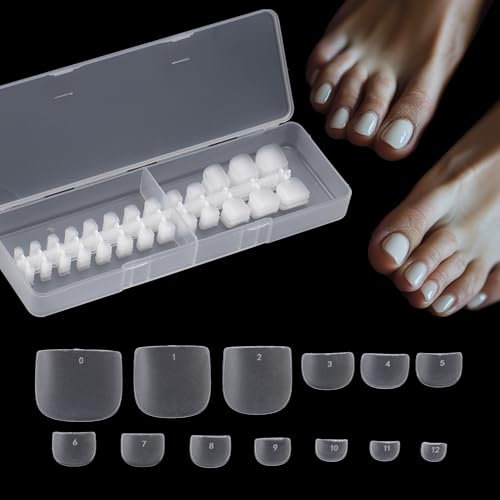 Kawyehu Extra Kurze Fußnägel Tips, 260 Stück Künstliche Fussnägel, vollständig abdeckende Nagelspitzen, Zehennägel ohne Feilen, PMMA Pre-Buff, künstliche Nägel mit Box, 13 Größen- Sarg Zehennägel