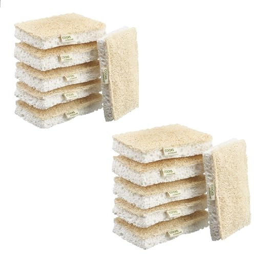 Cooks Professional Set of 12 Eco Scourer Sponges | Biodegradable & Compostable Multipurpose Cleaning Sponge for Kitchen, Bathroom, Household | 100% Natural Cellulose & Loofah | Plastic Free |