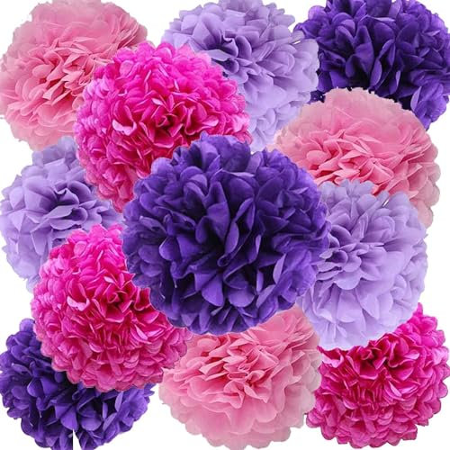 Pompons de Soie, 12 Pièces Fleur Pompon Rose Violet, Boule de Fleur en Papier pour Fête et Mariage