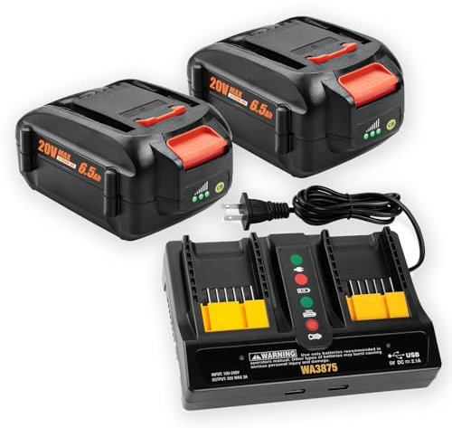 Abatinvo 2Pack 6.5Ah WA3525 Battery and WA3875 Dual Port Charger Kit for Worx Battery 20V WA3525 WA3578 WA3575 WA3520 WG151s WG155s WG251s WG255s WG545s WG890WG891