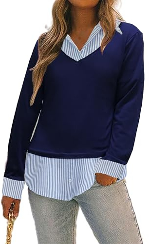 Oyamiki Langarmshirt Damen Baumwolle mit Hemdkragen Farbblock Stricken V Ausschnitt Tshirt Lässige Elegante Blusen Loose Sweatshirt Top für Herbst Winter
