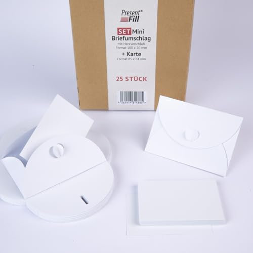 PresentFill® 25 Mini Briefumschläge mit Karten – Diamant Weiß – Kleine Umschläge Mini mit Herz Verschluss und Blanko Karten aus 100% Recycling Kraftpapier zum Selbst gestalten und beschriften