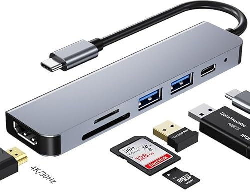 Adaptateur USB C Hub 6 en 1 Avec HDMI 4K, Ports USB 3.0 et 2.0, PD 100W, Lecteur SD/TF Pour Plus d'Appareils