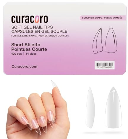 Curacoro Sculpted Nail Soft Gel Tips - 420Pcs Nail Extension, 14 Sizes Clear Full Cover Fake Nails for Extension, Long-Lasting Salon Quality, Natural Look (Stiletto, Short)