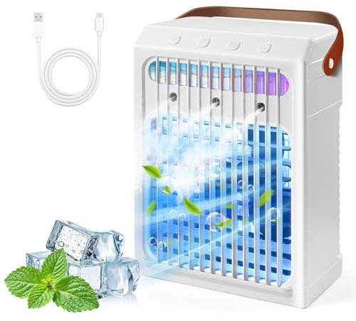 Aire acondicionado portátil, ventilador de CA portátil de 1000 ml, aire acondicionado pequeño personal USB, temporizador de 2/4/6 horas apagado, con luz nocturna de 7 colores, enfriador de aire