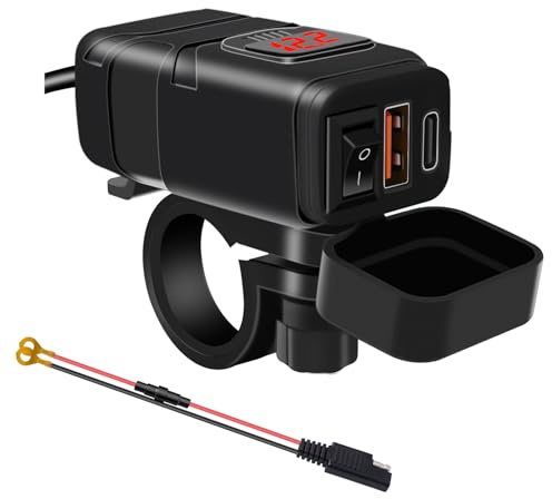 ALLWSLucky Prise USB Moto, QC3.0 18W & PD 30W Chargeur USB pour Moto, Prise de Chargeur de Voiture avec Interrupteur et Voltmètre LED, MotoUSB C pour Caravane SUV Marin Bateau 12V (Rouge)
