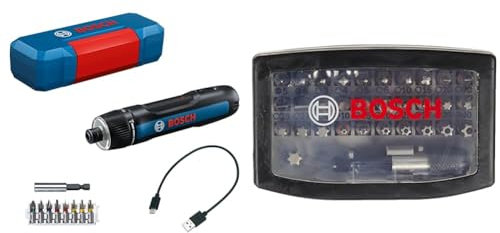 Bosch Professional Akkuschrauber Bosch GO 3 (inkl. Bit-Set, Bitaufnahme, USB-C-Kabel, Mini-Koffer) + 32tlg. Schrauberbit Set Extra Hart (Kreuzschlitz-, Pozidriv-, Hex-, T-, TH-, S-Bit, Zubehör)