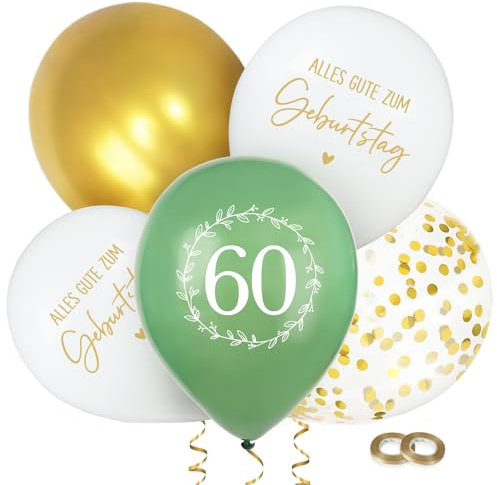 BETESSIN 60 Geburtstag Deko Grün Weiß Gold - 24 Stück Luftballons 60. Geburtstag Mann & Frau - Latex Ballon 12 Zoll - Geburtstagsdeko zum 60. für Frauen & Männer