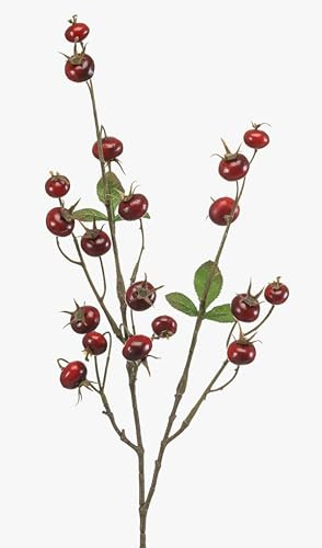 artplants.de Kunstzweig Kartoffelrose BREVON mit Hagebutten, rot, 80cm | Deko Hagebuttenzweig