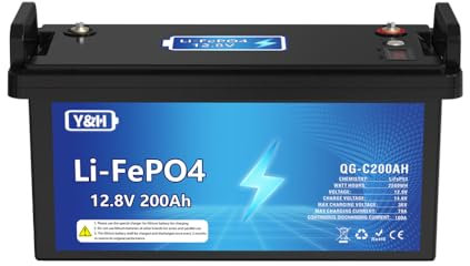 Y&H Batterie au lithium LiFePO4 12 V 200 Ah - Puissance maximale : 2560 Wh - Port USB - Affichage de la tension en temps réel - BMS intégré - Parfait pour moteur de trolling, bateau, RV, camping
