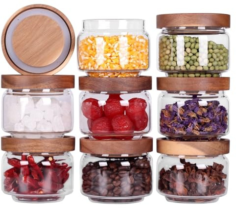 Lot de 8 pots à épices en verre de 250 ml avec couvercle en acacia et étiquettes – Boîtes à épices rondes vides empilables pour cuisine