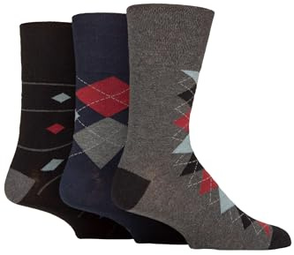 SockShop Gentle Grip Mens Patterned Socks Argyle Striped Spotty Casual Honeycomb Top Comfort Cuff, Pack of 3