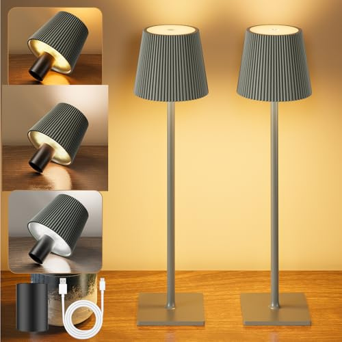 YICAIZI LED Tischlampe 2 Stück Kabellos Akku Tischlampen mit Flaschenverschluss Stufenlos Dimmbar Aufladbar Tischleuchte mit 3 Farbtemperatur für Outdoor, Wohnzimmer, Schlafzimmer, Nachttisch, Grau