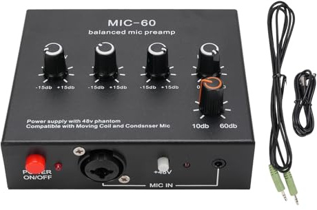 Glomora Microphone Preamp Mic Gain Booster 48V Power Supply Mic Pre Amp for Dynamic Condenser XLR 3.5mm 6.35mm Inputs Outputs (With 3.5mm Sound Cable)
