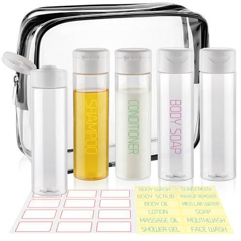 Decorniqu 5 Pack 100ml Travel Bottles for Toiletries Pre-Printed Leak Proof Travel Size Toiletries TSA Approved Travel Shampoo Bottles Wide Mouth Squeeze Bottles for Lotion Toothpaste Cream(Clear)