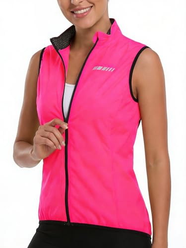 qualidyne Women's Windproof Cycling Vest, Lightweight Full-Zip Breathable Sleeveless Bike Jacket, 1 Back Pocket, Reflective